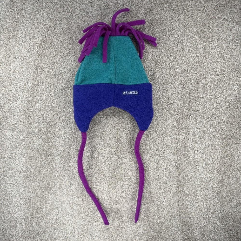 VTG Columbia 90s Fleece Ski Hat‎ Fringe Color Block Teal Purple Youth L/XL